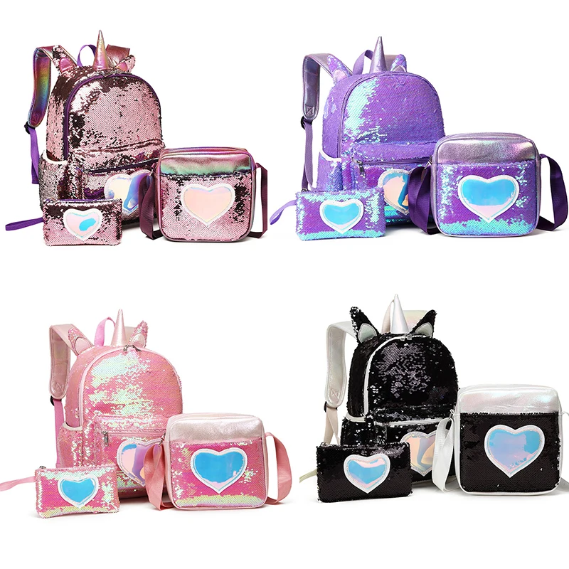 unicorn sequin backpack three piece school bag