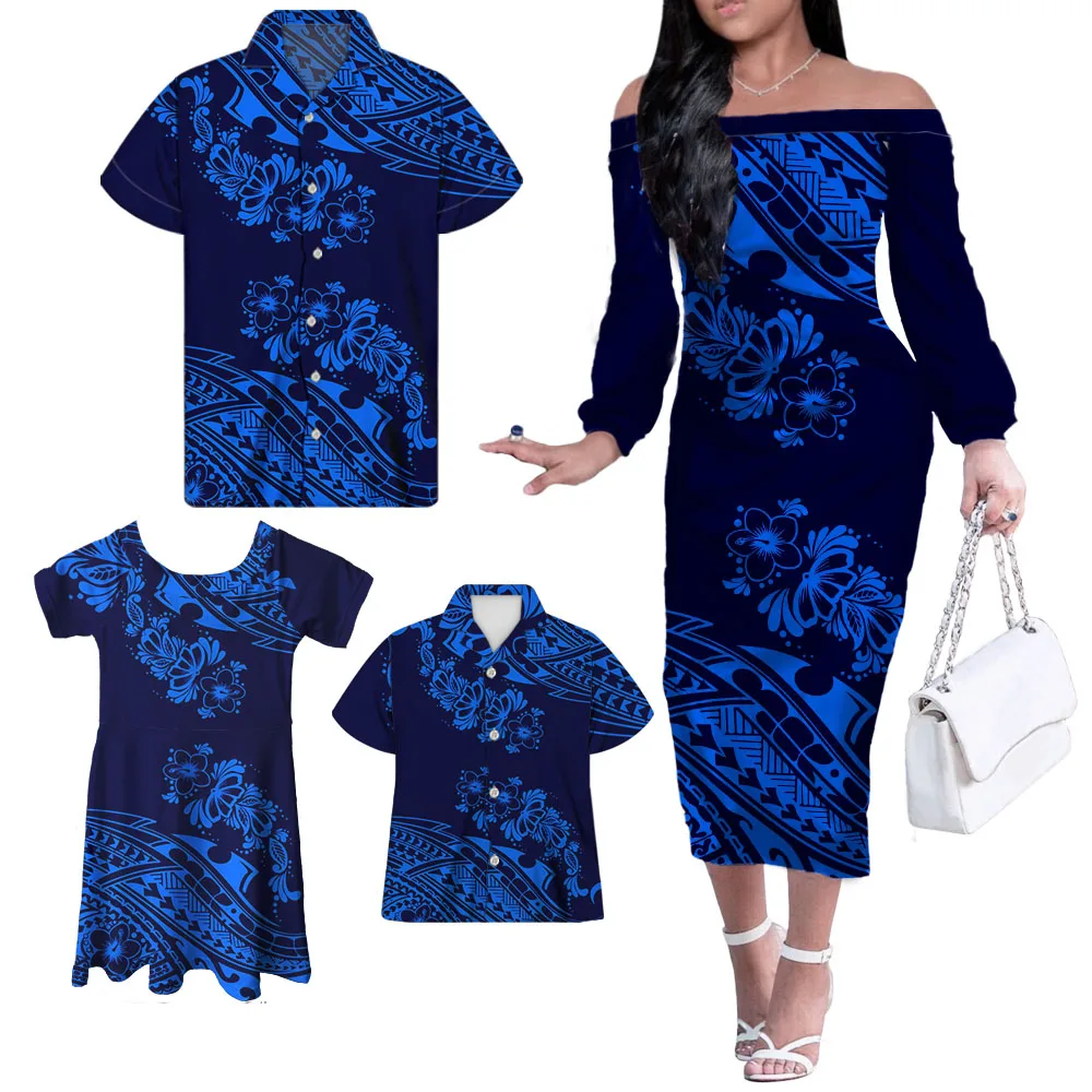 Red Polynesian Family Set 4pcs Set Unique Gifts For MOM Daddy Kids Polyester Off Shoulder Long Dress Little Girl Skrits Set