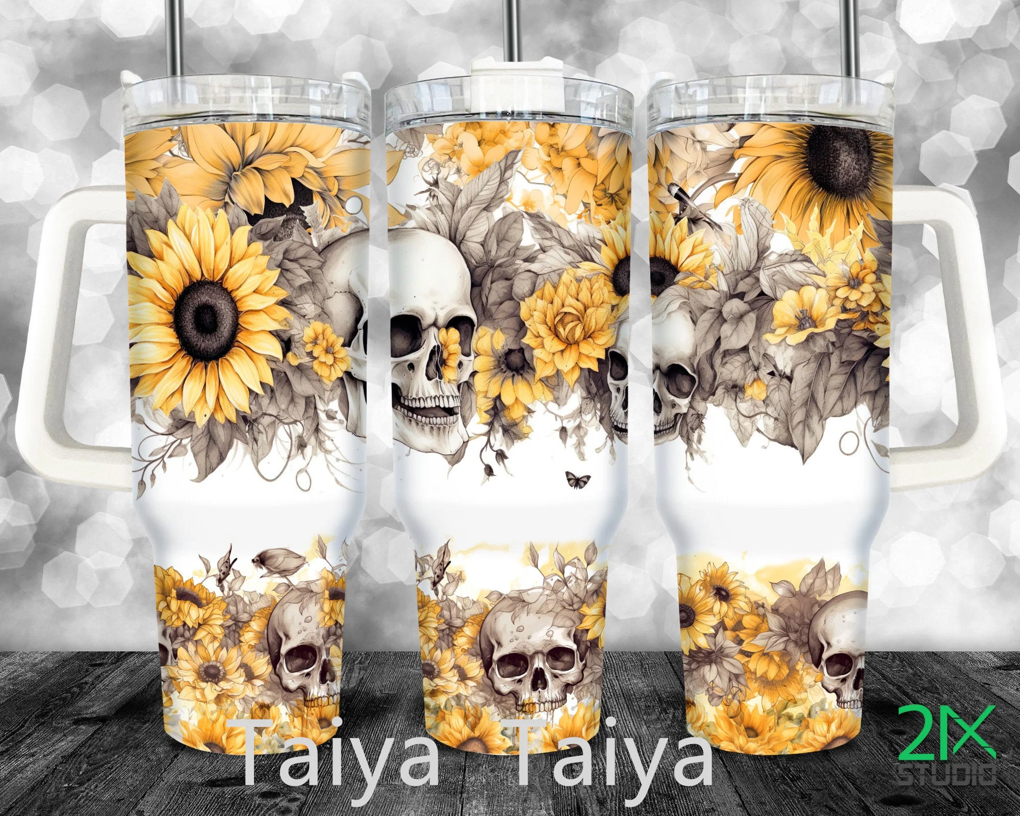 Wholesale Customize Sublimation Gothic Skulls Sunflower 40oz Quencher Travel Tumbler Halloween Car Cup With Handle