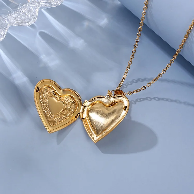 18K Gold Plated Stainless Steel Open Blank Heart Lock Photo Picture Memory Frame Pendant Necklace for Lover Family Gifts