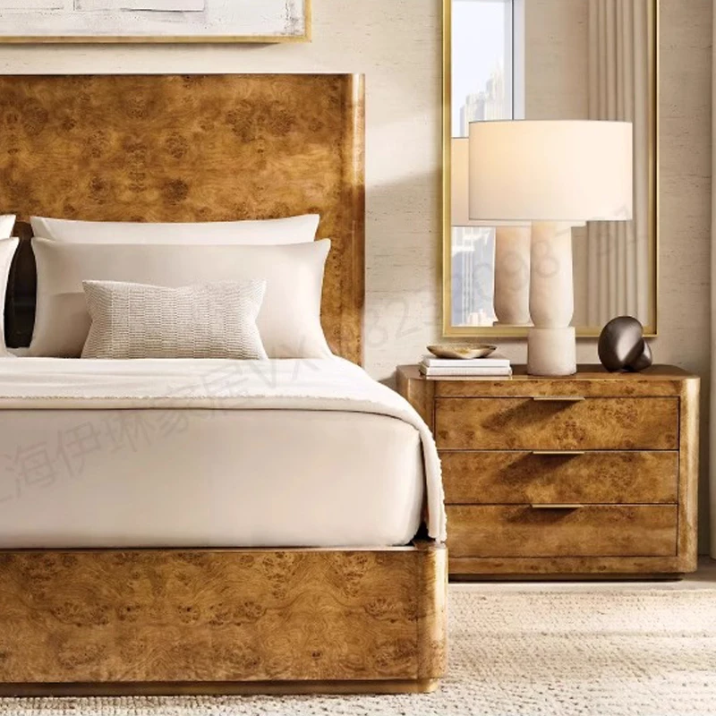 RH American Solid Wood Bedside Table Vintage Oak Tree Burr Craft Bedside Cabinet Bedroom Log Antique Drawer Locker Custom