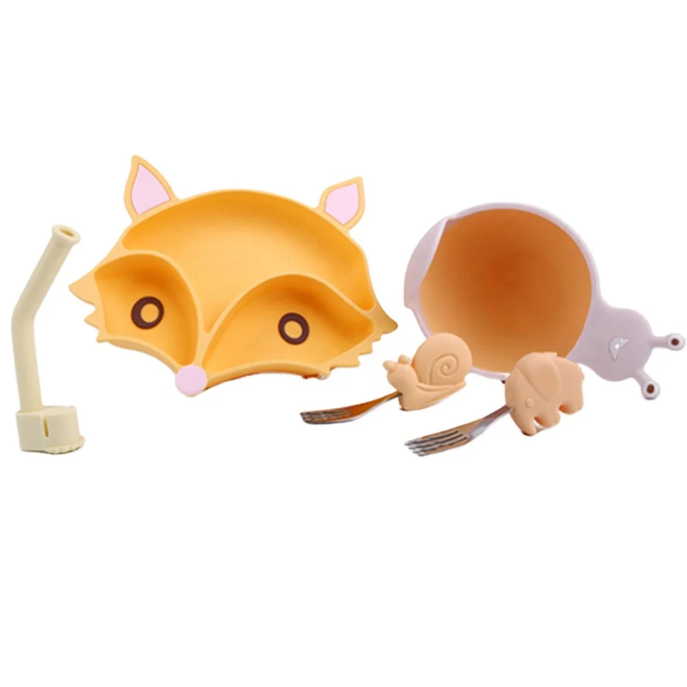 
New Design Cute Fox Shape BPA Free Silicone Suction Plate and Bowl Baby Feeding Tableware Set for children 