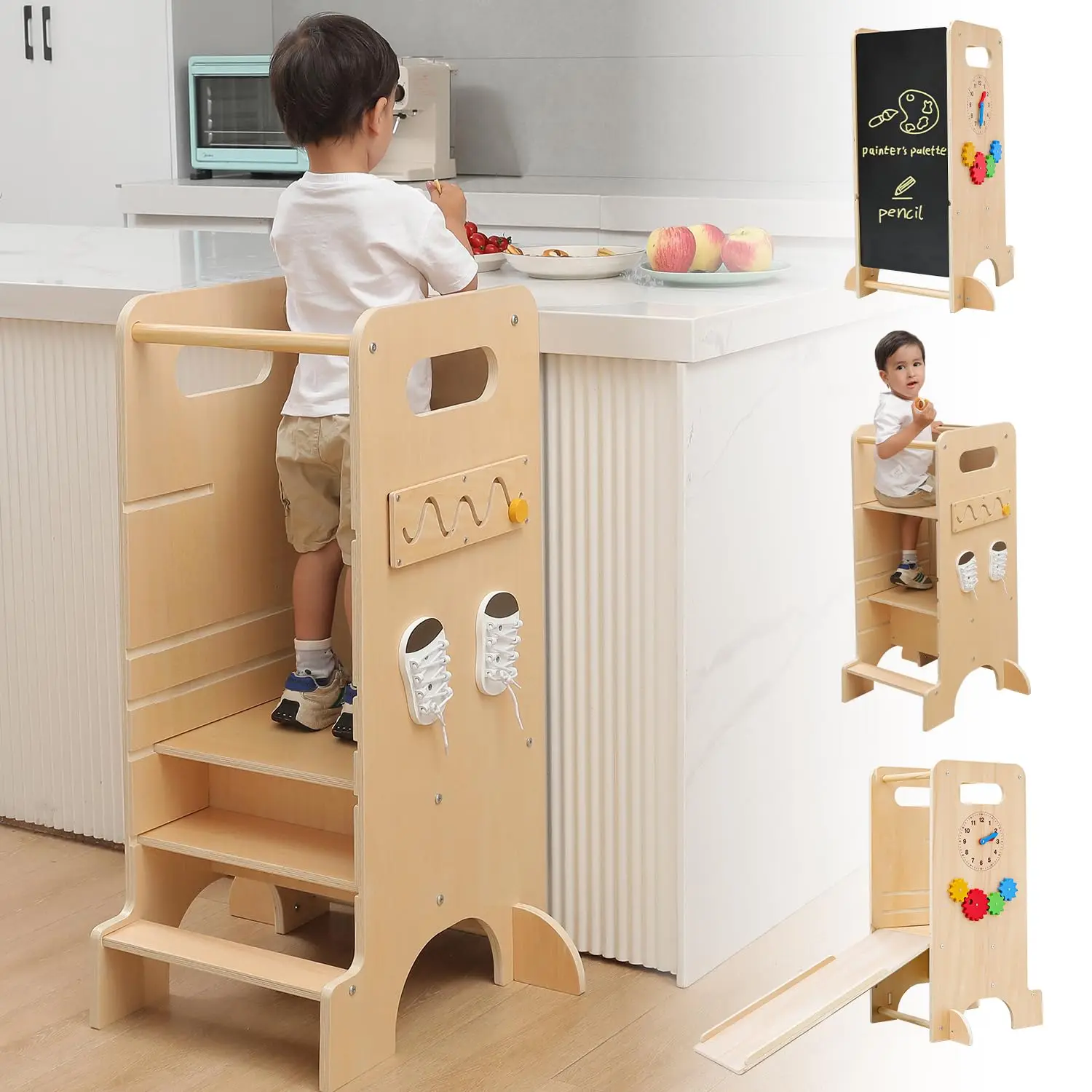 Toddler Tower, 4 in 1 Toddler Kitchen Stool Helper Wooden Height Adjustable Standing Tower for Kitchen Counter with Slide.