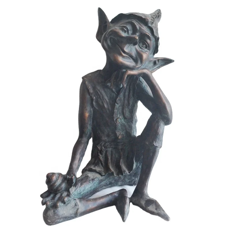 Large Resin sitting gnome garden figurines for decoration,  Antique verdigris garden pixie sculpture