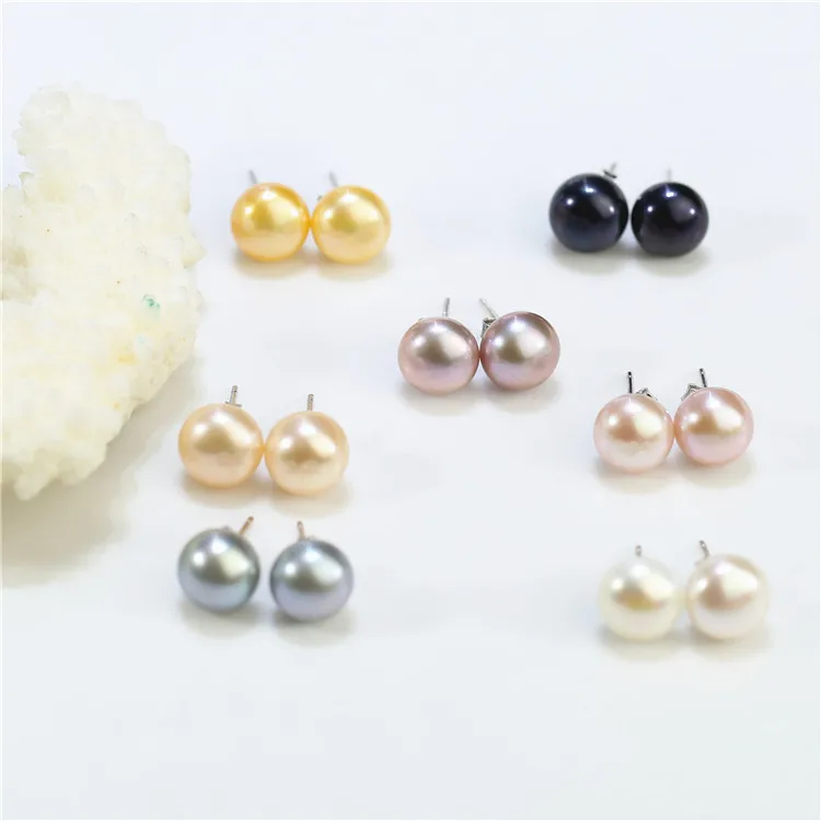 925 sterling silver white wholesale fresh water freshwater natural pearl earrings flat button shape real ear stud pearl earrings