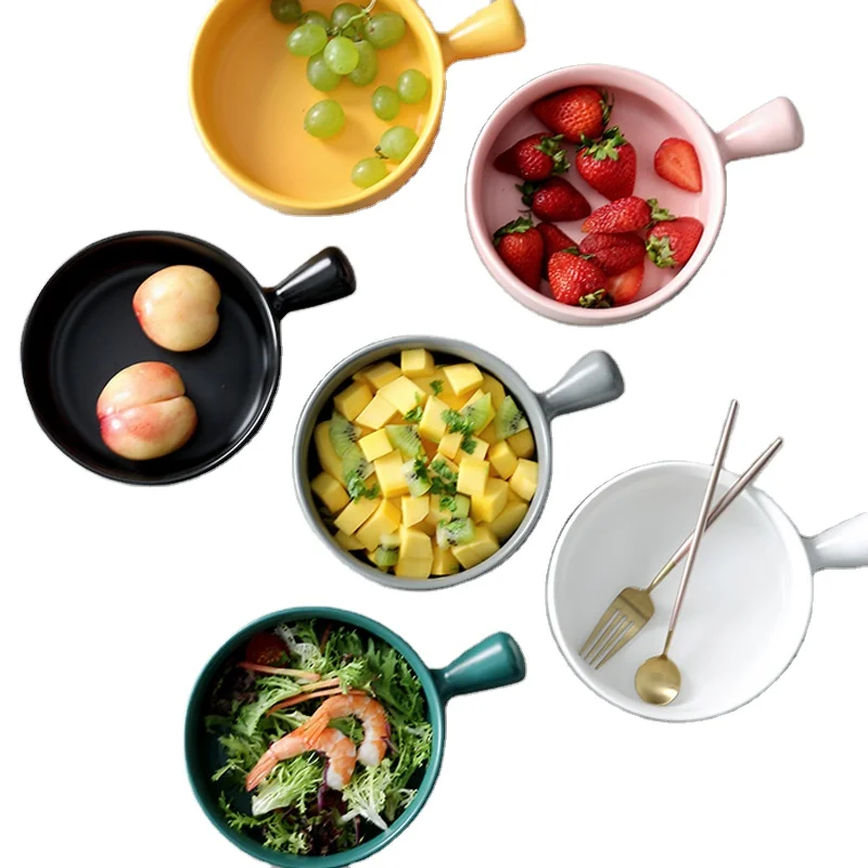 Ceramic pan solid color matt glaze bowl with handle ceramic soup bowl