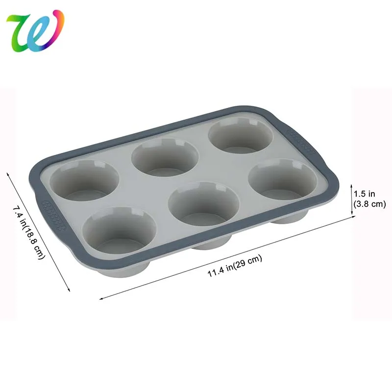 Non-Stick 6 Cup Cupcake Baking Pan Silicone Jumbo Muffin Pan with Metal Reinforced Frame