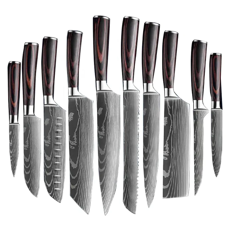 Wholesale price 9pcs sharp wooden stainless steel santoku chef modern knives kitchen knife set