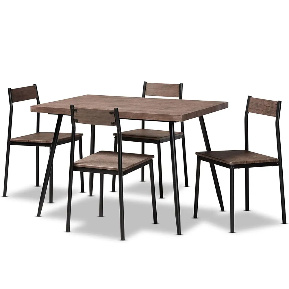 NBHY 5 Pcs Walnut Wood and Steel Modern 4 High Back Chairs Dining Table Set with Thick Tabletop
