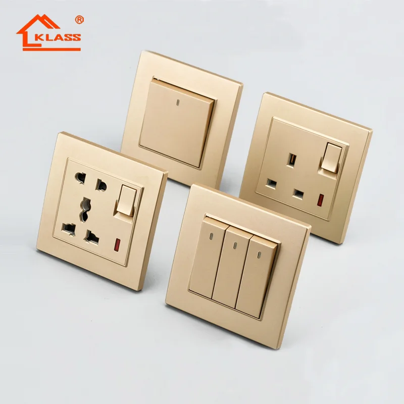 Klass Uk New Design Modern Luxury Electrical Light Socket 4gang 1way Panel Wall Electric Switch PC Golden 220V 16A 10 Years 250v