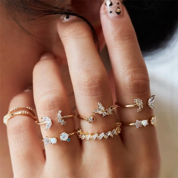 Women White Rhinestone Geometric Open Knuckle Rings Set Bohemian Gold Color Crystal Butterfly Ring Adjustable