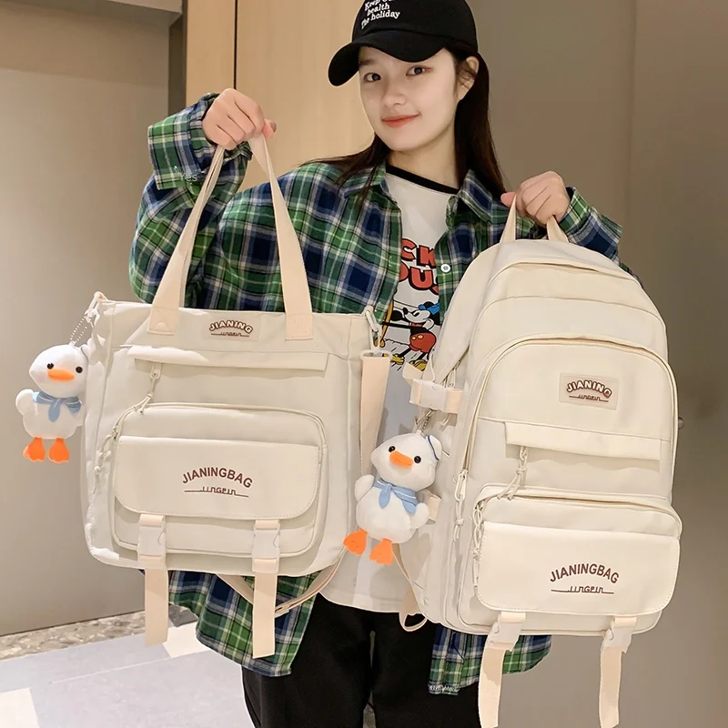 5 Pcs/set Bear Canvas Cute School Bag Student Larger Capacity Women School Backpacks For Teenagers Girls