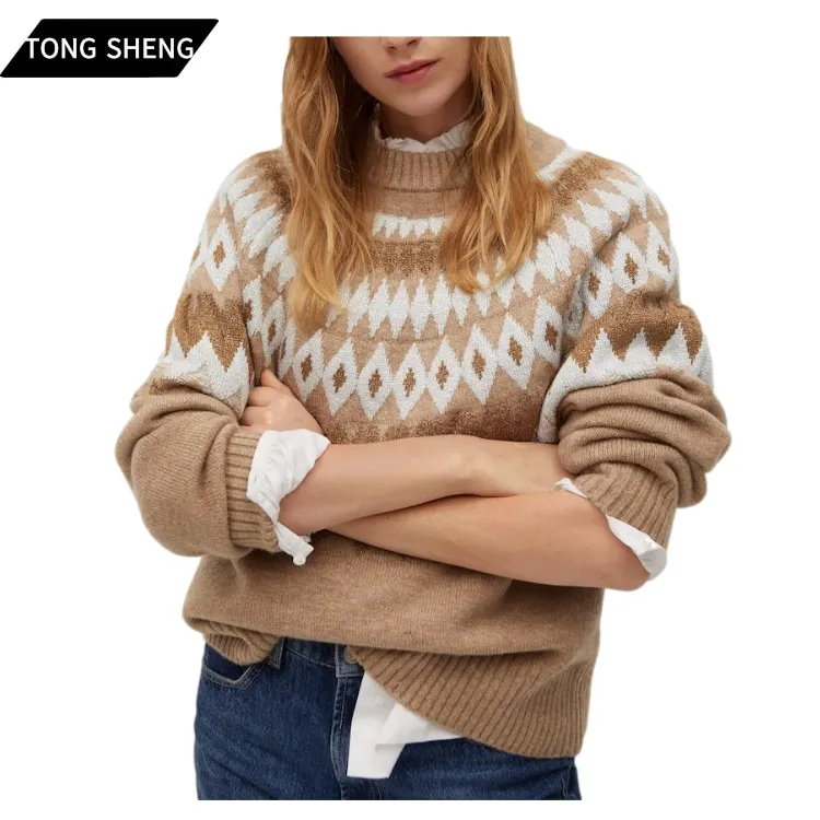 Womens Crewneck Geometric Knit Pullover Jumpers Knitwear Jacquard Intarsia Fair Isle Sweater
