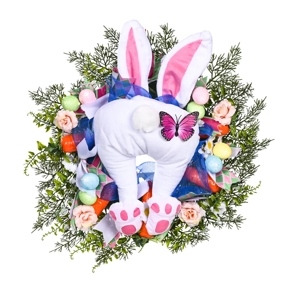 2023  New Design Easter Decoration Creative 18 Inch Garland With Soft Bunny Doll Kawaii  Easter Wreath Home Party Photo Props