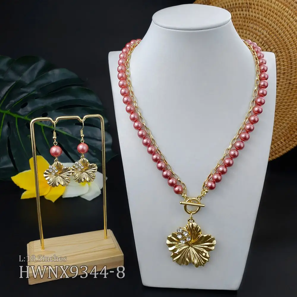 Гавайский комплекты ювелирных изделий 14k позолоченный цветок кулон ожерелье и серьги комплект для женщин