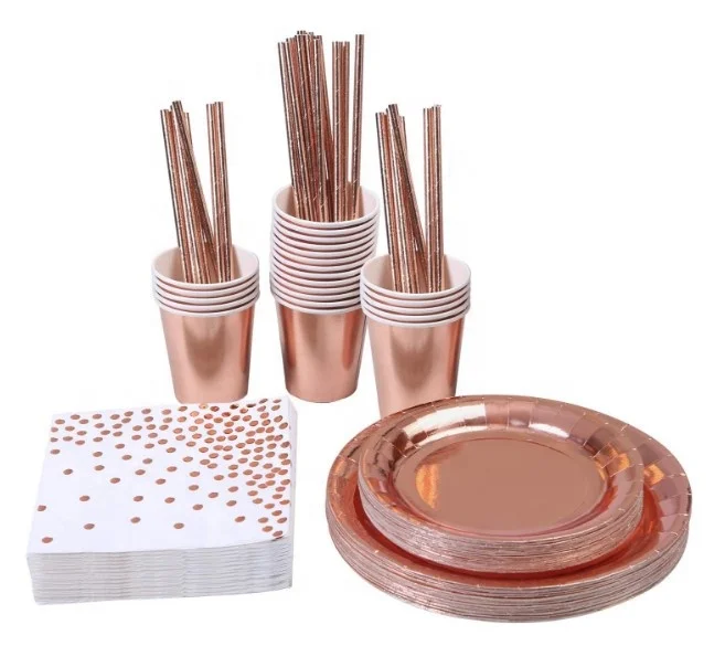 Amazon Hot Selling Paper Plates Napkins Cups Straws dispoplate Rose Gold Party Supplies Party Disposable Wedding Tableware