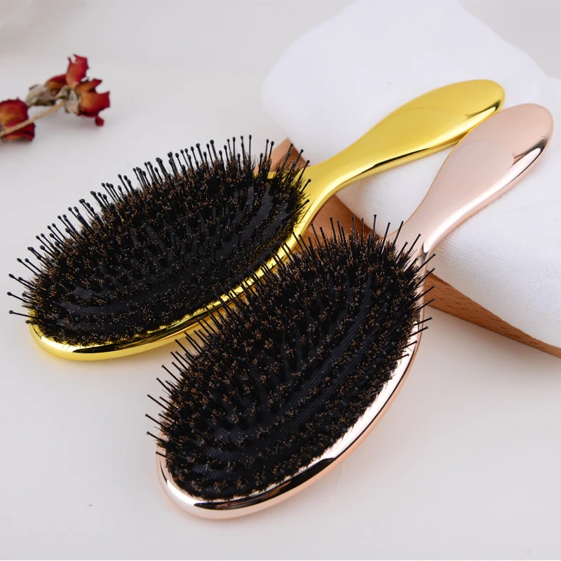 private label plastic electroplating boar bristle rose gold hair brush set