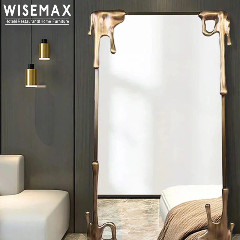 WISEMAX FURNITURE Light Luxury European Decor Retro Mirrors Living Room Solid Wood Gold Full Length Floor Mirror for Villa