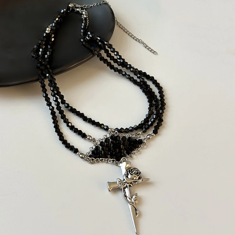 KOMI Vintage Silver Cross Pendant Necklace Layered Black Crystal Beaded Necklace with Cross Charm Choker Necklaces for Women