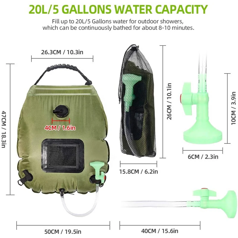 20L Large Capacity Solar Shower Bag Outdoor Camping Pvc Material Water Bag Mountaineering Soft Water Hose Shower Head Storage