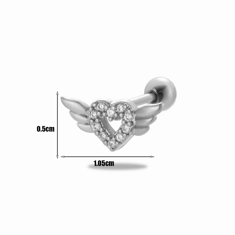 custom stainless steel screw back cubic zirconia love heart wing tragus helix piercing jewelry ear cartilage stud earrings