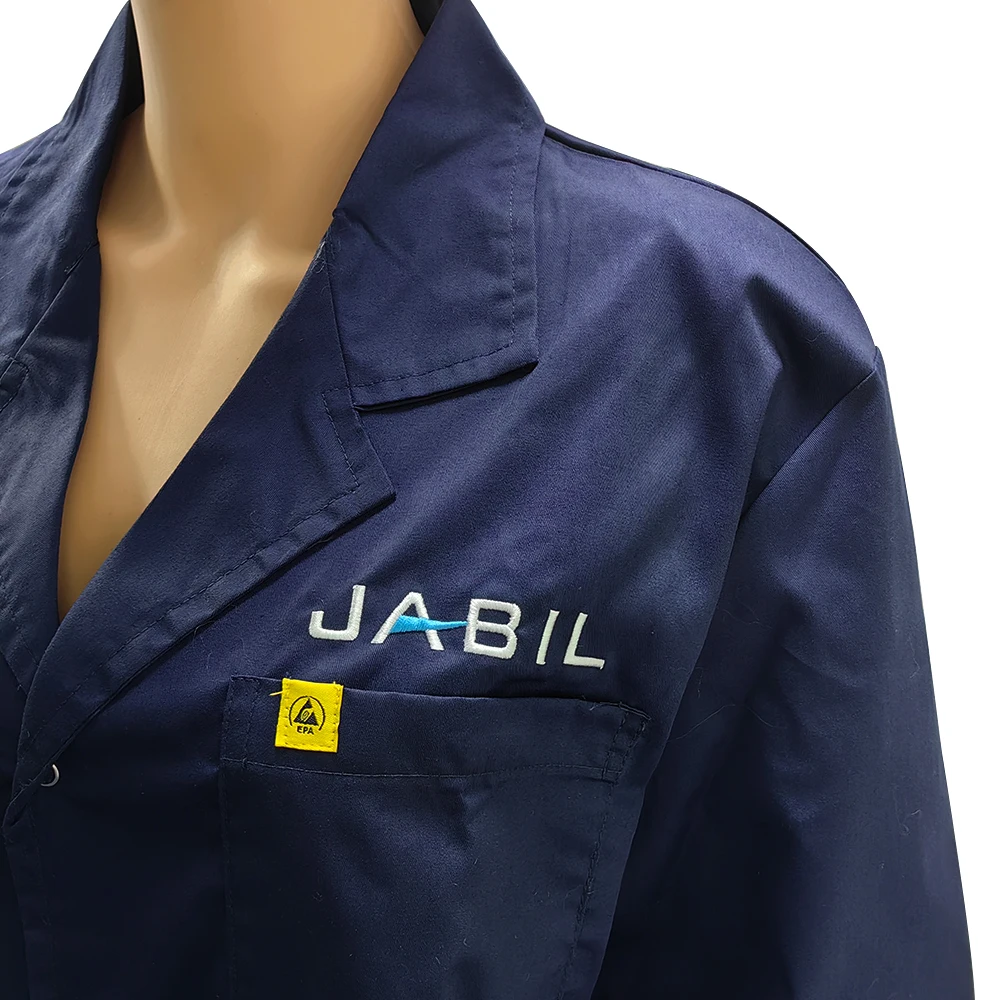 Custom Embroidery Dark Blue Lab Dustproof ESD Antistatic Polyester Cotton Coat