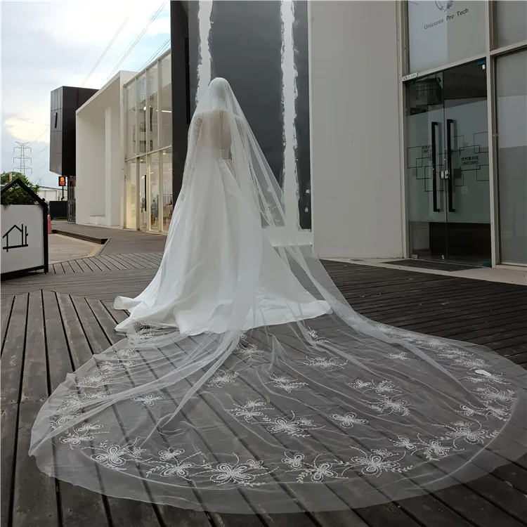 Romantic long lace white wedding bride veils tulle with sequins