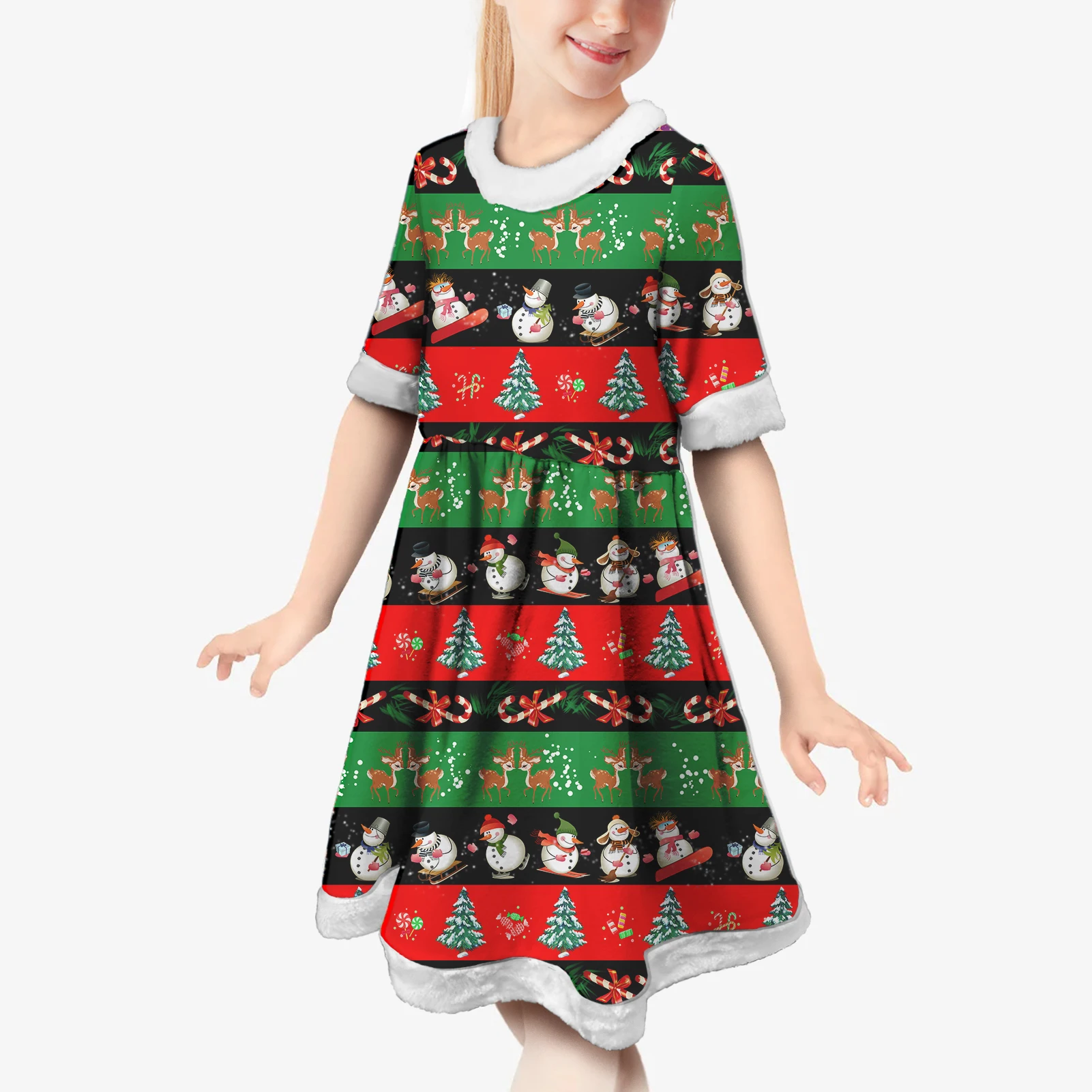 Snowman Print Pocket Dress Christmas Princess Toddler Girls Outfits Lovely Girl Bow Knot Party Xmas Gown Formal Dress Costume