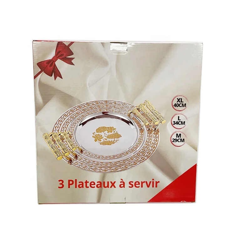 Stainless Steel Plateaux 3pcs Round Mirror Serving Trays Inox  Luxury Arabic Middle East Gold Metal Tray Set