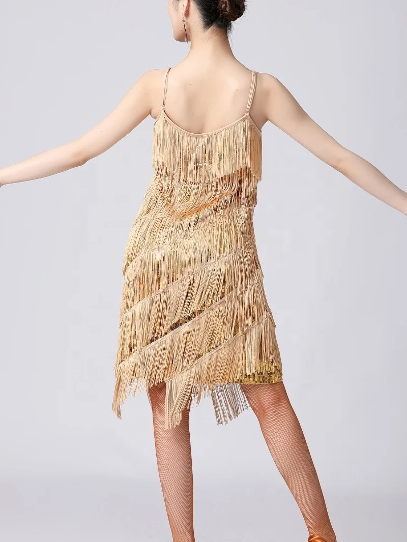 Hot Sale Womens Sequins Fringed Performance Dress Samba Tango Latin Dance Costume Tassel Dance Dresses