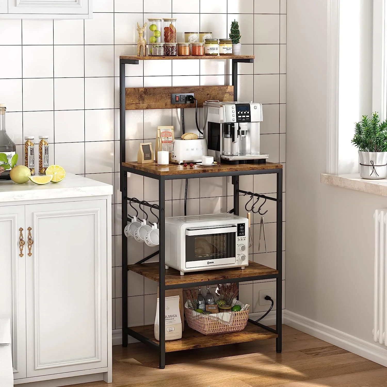 Kitchen Storage Shelf Rack for Spices, Pots and Pans Kitchen Bakers Rack with Power Outlet, Coffee Bar Table Microwave Stand