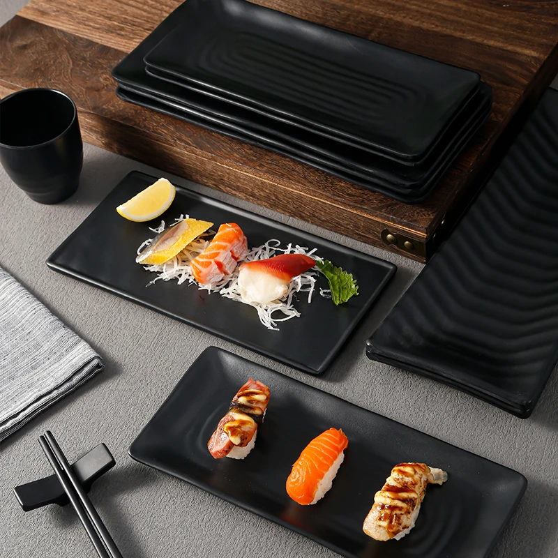Restaurant tableware Sushi and Barbecue Serving black rectangular melamine plates and dishes set