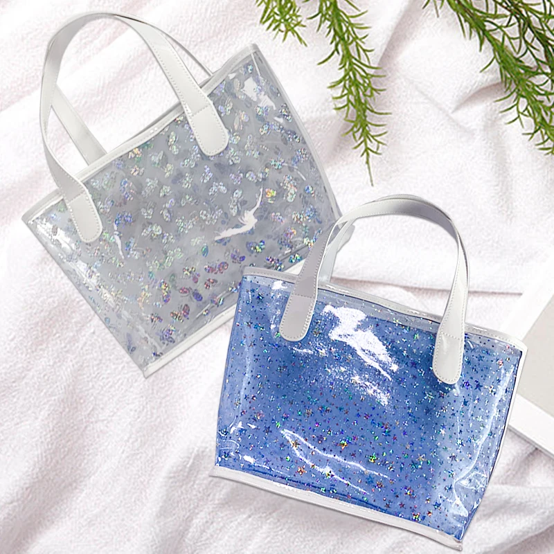 Supply wholesale price cheap pvc cosmetic bags Daisy printing shiny pvc gift tote custom paillette luxury clear shopping bag