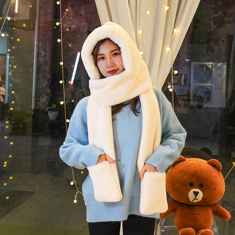 Wholesale New Design Women winter faux rabbit  Fur Winter hooded Scarf Hat Gloves Set