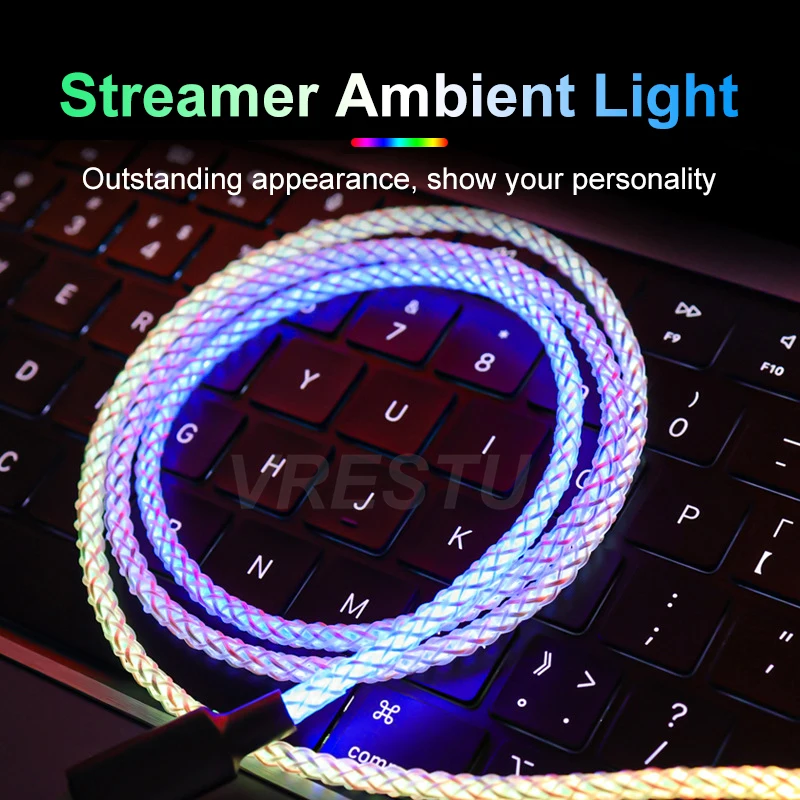 2022 Rgb 6a Fast Charge Cable Zinc Alloy Data Cable USB Type C LED Light Emitting Multicolor Gradient 66w Fast Charge Cable