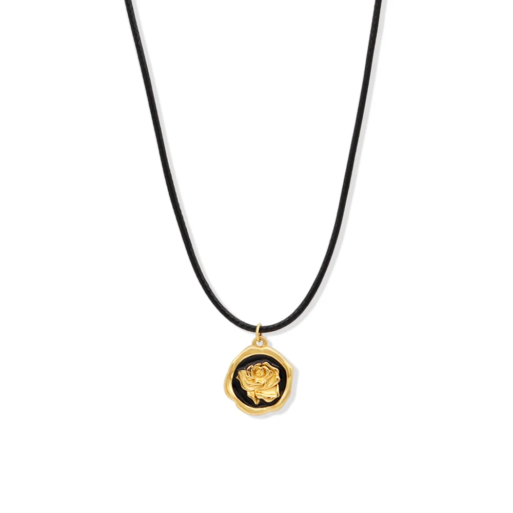 Chris April PVD gold plated 316L stainless steel hand crafting black enamel rose cameo pendant necklace