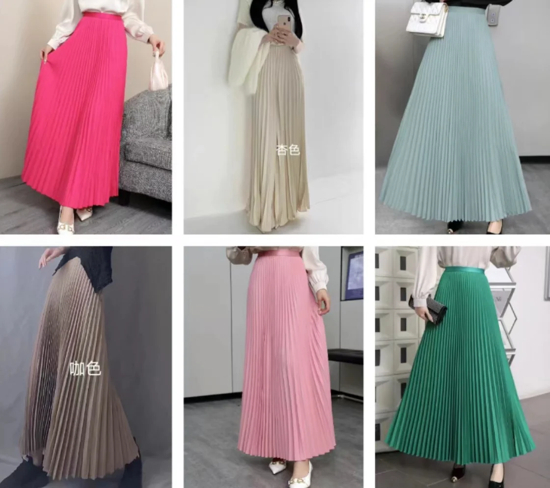 2024 Long Pleated Skirt Women Summer Elegant Plain Korean Casual Simple Temperament High Waisted Midi Skirts