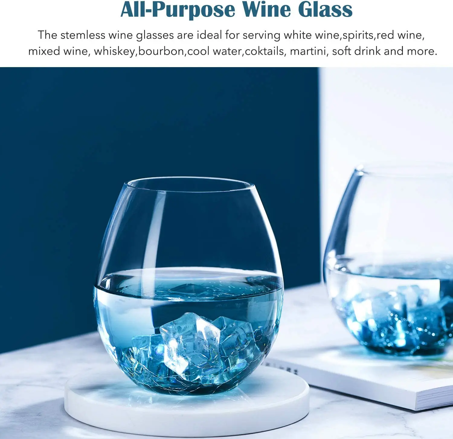 Hand Blown Lead-Free Glassware Stemless Wine Glass Blue Ice Crackle Stemless Wine Glasses Whiskey Tumbler Drinking Glasses