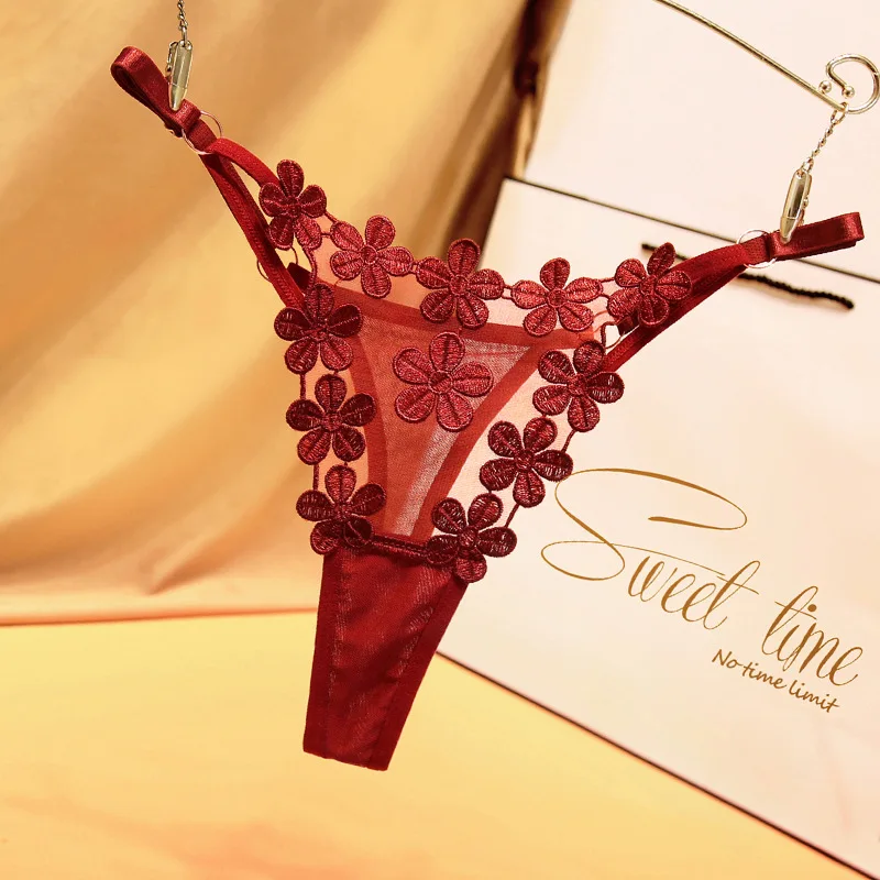 Japanese Desire sweet Embroidered Underwear Hollowed Out Transparent Thin Pattern  Hot Transparent Temptation Adjustable Thong