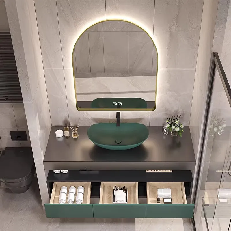Plywood Wall Hung Bathroom Vanity Set With Stainless Steel Hinge Bathroom Cabinet Modern With Table Top Ceramic Basin