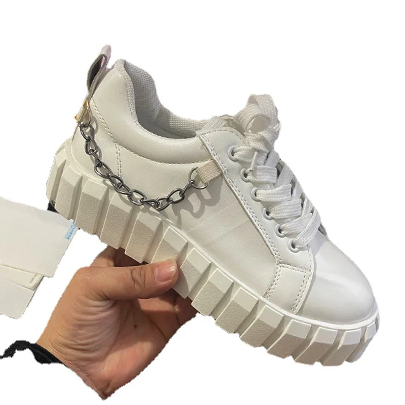 Plus Size Summer New Metal Chain Lace Up Platform Leather Round Toe Ladies Sneakers  220306-01