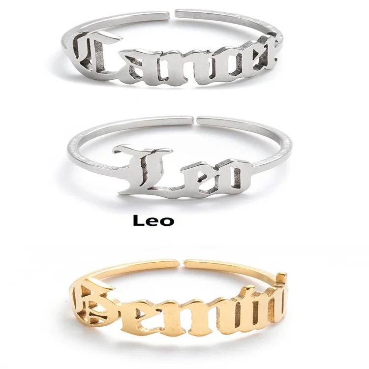 2021 Wholesale New Product Not Fade Open Ring 12 Zodiac Signs Simple Vintage English Alphabet Stainless Steel Rings