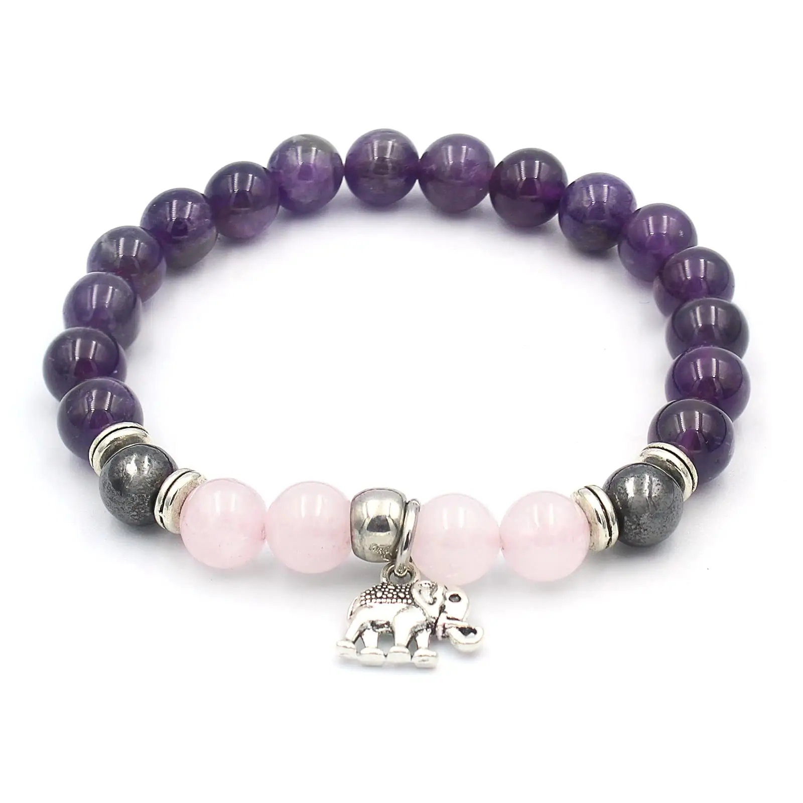 Natural crystal healing stone Amethyst rose quartz Bracelet with elephant Owl charm