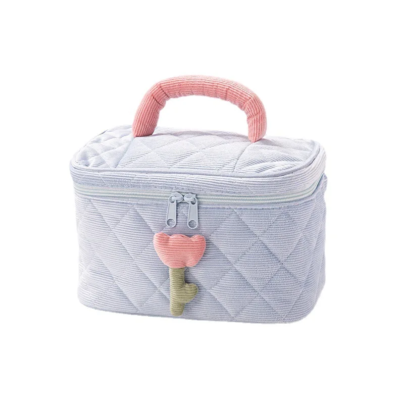 2024 Sim-party Handle Cute Pattern candy color Corduroy bag metal Zipper Cotton Makeup Cosmetic Bag For Girl