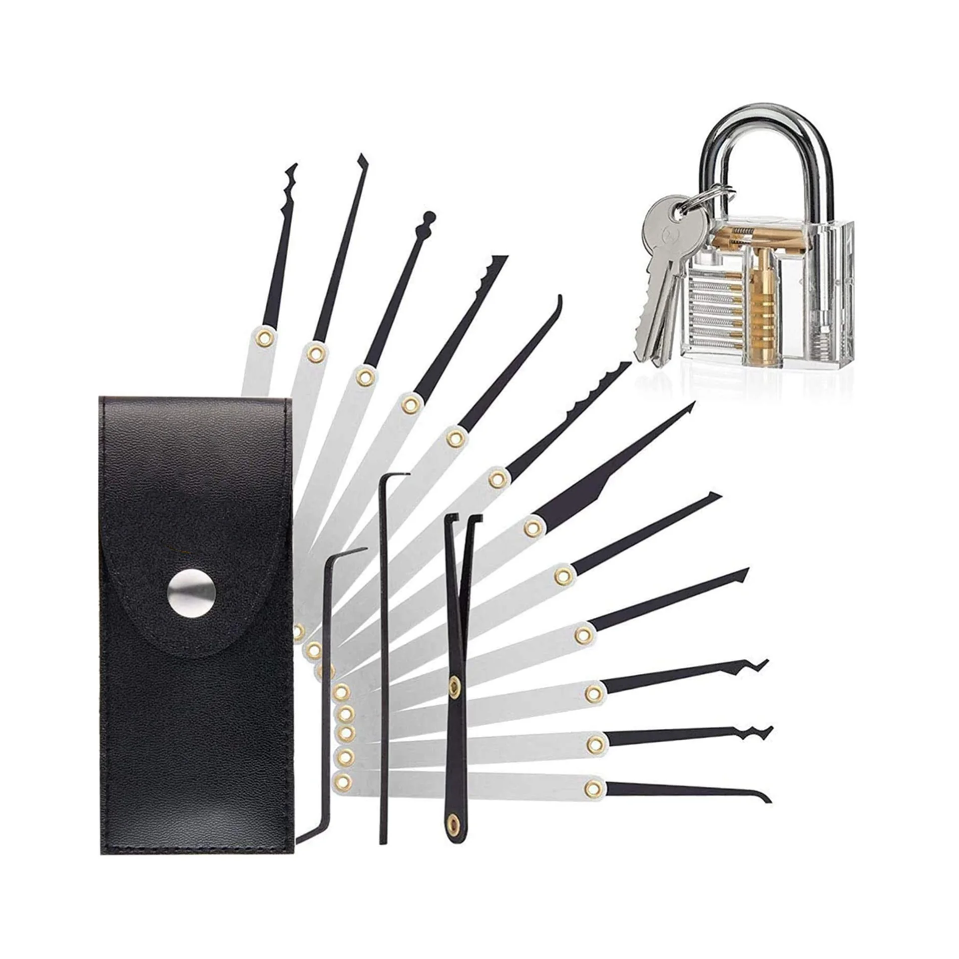 Free sample 15pcs locksmith hook lock picking set lock pick set lockpicking tools with transparent practice padlock
