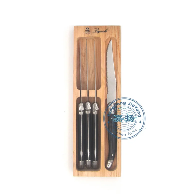 (JYKS-PK121) 4pcs serrated bee laguiole steak knife set with marbling handle in a wood box