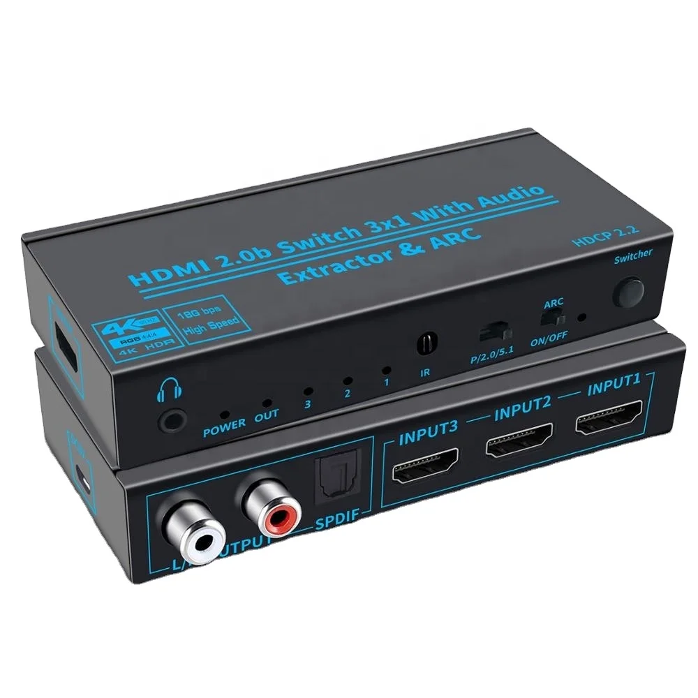 OZQ3-2 HDMI 2.0b Switch 3x1 Splitter 3 in 1 4K@60HZ Switcher Box with ARC Remote Optical Toslink SPDIF+Coaxial+Analog RCA Audio
