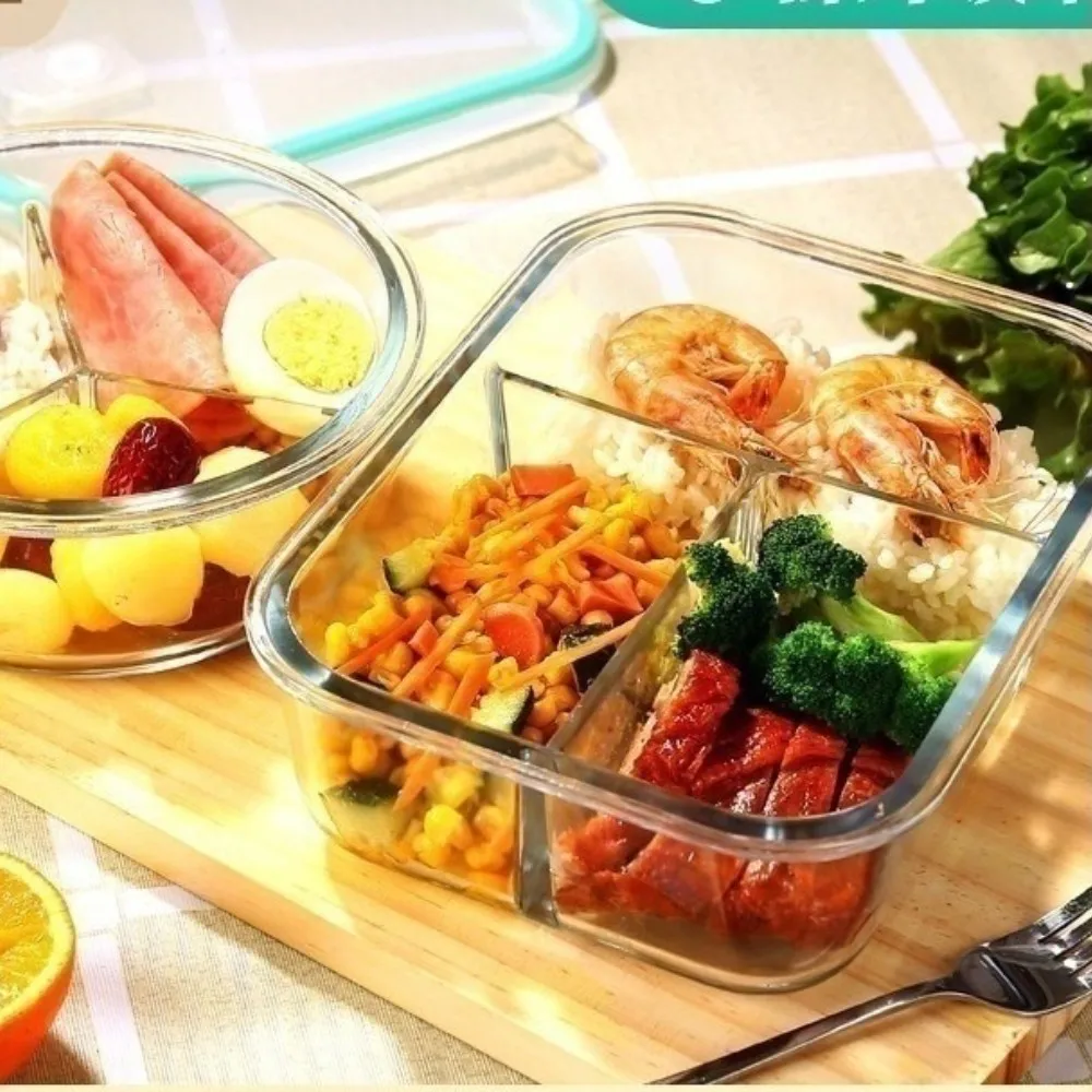 Transparent Microwave Safe Two Compartment Lunch Box Set for Office Borosilicate Glass Safety Lock Airtight Tiffin Containers