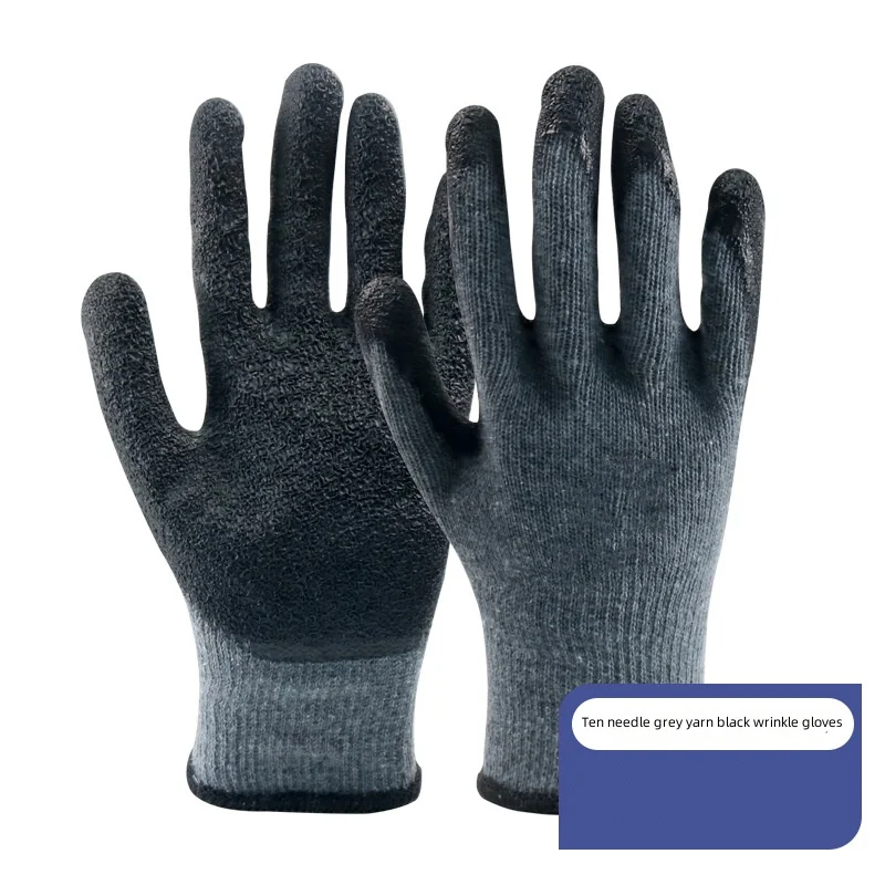 Wholesale Ten needle yellow yarn blue gloves wholesale wear resistant non slip latex dip plastic hanging rubber wrinkle gloves