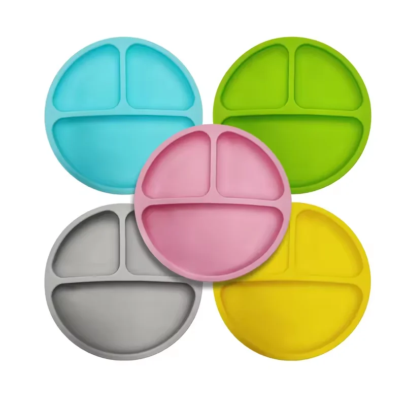 BPA Free Strong Suction Plate Spoon Set Feeding Bib Baby Dishwasher Safe Silicone Divided Dinner Plate Dish for Toddler
